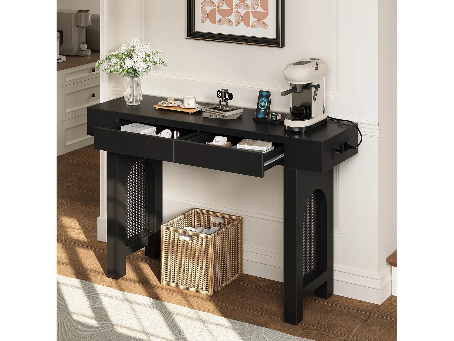 Elegancki stolik konsolowy do przedpokoju - 120 x 35,5 x 76,5 cm - z szufladami + nóżki regulowane - MDF - czarny 4908817 - obrazek 1