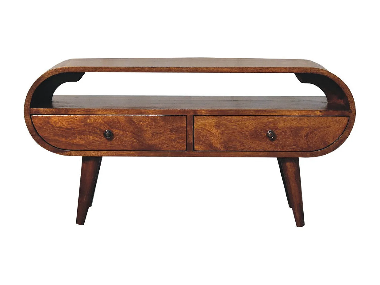Okrągły mebel pod telewizor Artisan Furniture z drewna kasztanowego, 2 szuflady, 1 otwarta półka, brązowy 3480077