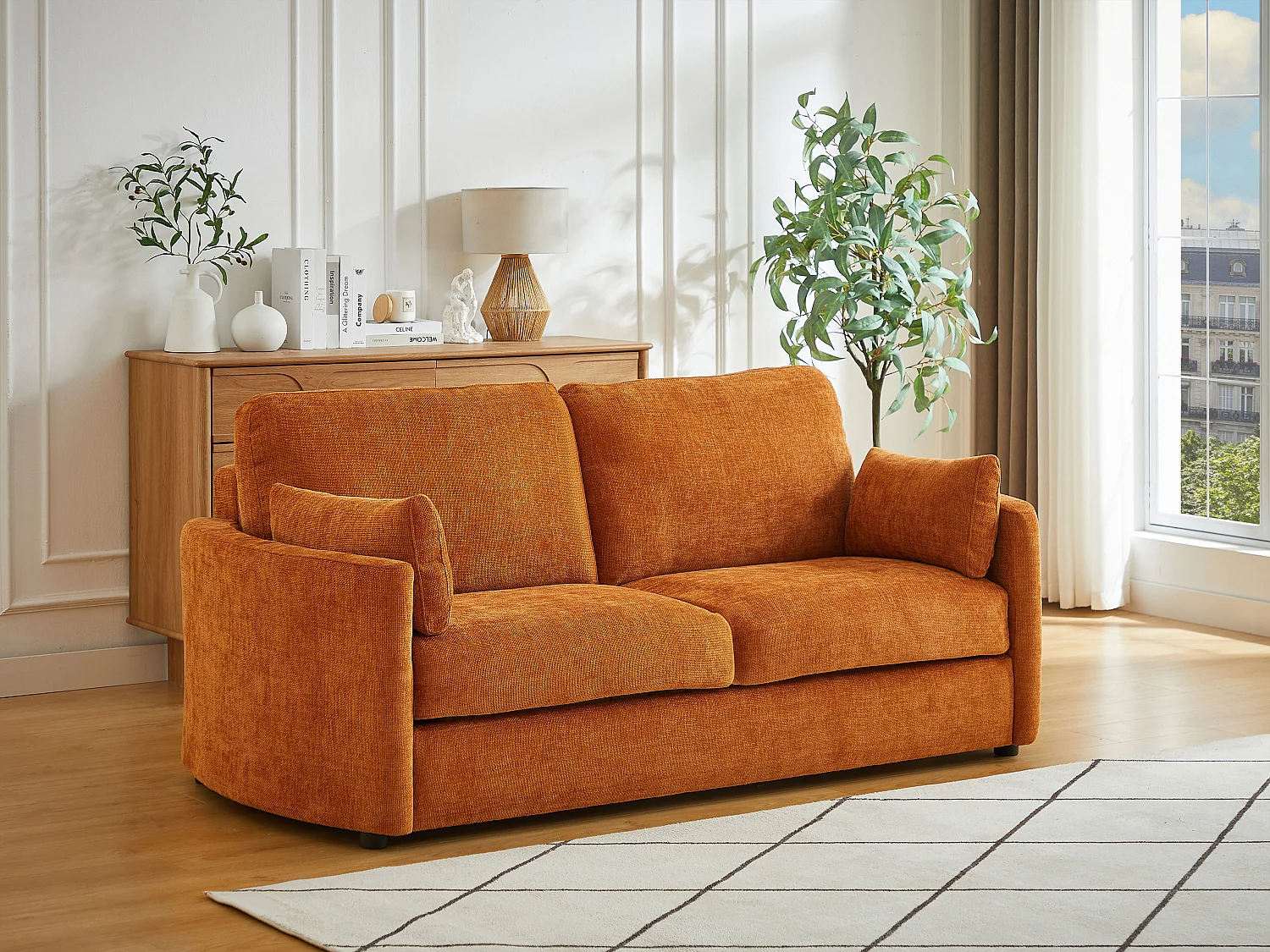 Kanapa 3-osobowa rozkładana typu express - Miejsce do spania 140 cm - Materac 12 cm z pamięcią kształtu z teksturowanej tkaniny w kolorze terakota BAGOMI 4406947 - obrazek 1