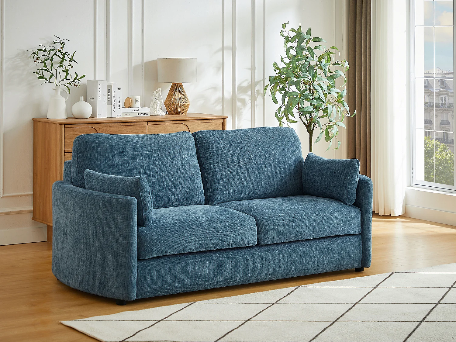 Kanapa 3-osobowa rozkładana typu express - Miejsce do spania 140 cm - Materac 12 cm z pamięcią kształtu w teksturowanej tkaninie w kolorze niebieskim BAGOMI 4406946 - obrazek 1
