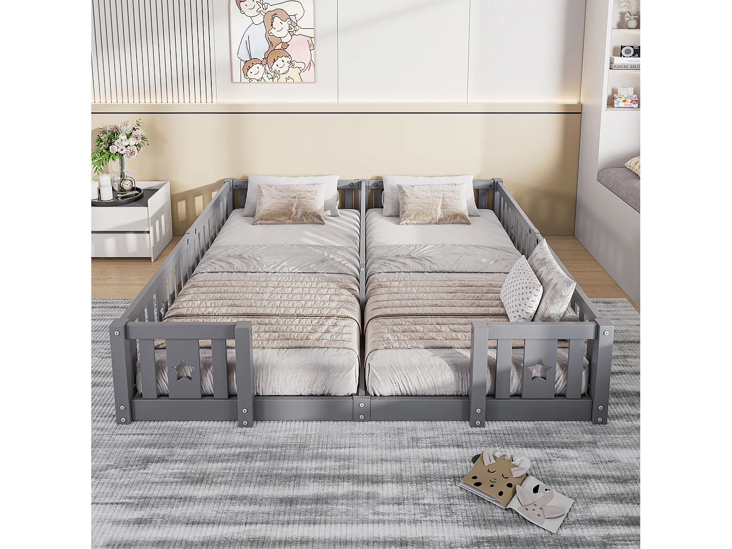 Łóżko Montessori dla dzieci 90×200 cm szare z barierkami zabezpieczającymi i ramą z listew z ekologicznego drewna sosnowego 4914139