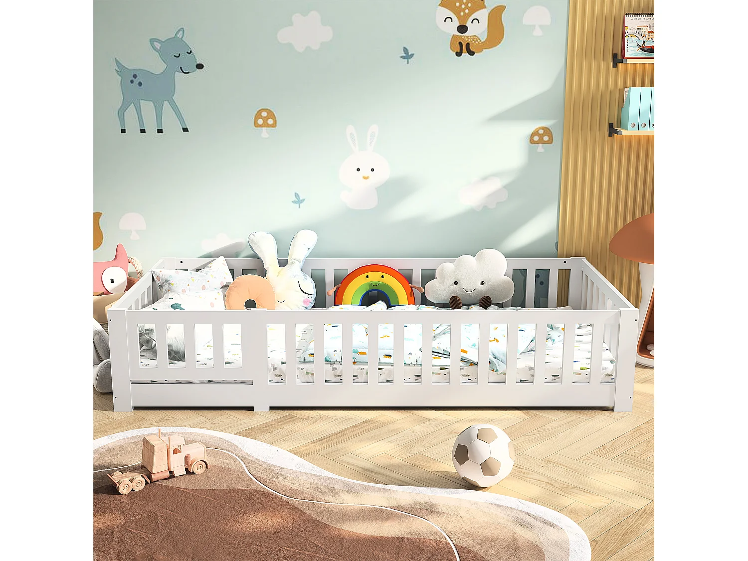 Dziecięce łóżko Montessori na podłogę z litego drewna sosnowego 90×190 cm z demontowalnymi barierkami bezpieczeństwa, niskoprofilowy design i nietoksyczna farba 4914151