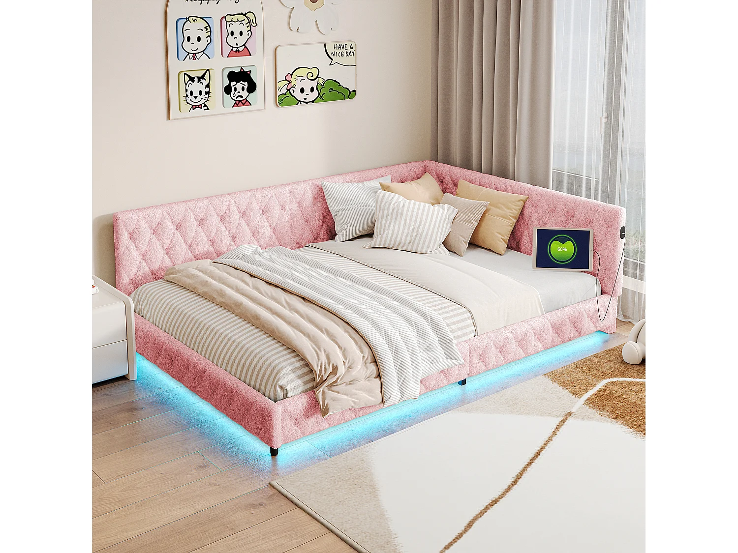 Łóżko dzienne 140×200 cm design w kształcie litery L różowe z wielokolorowym oświetleniem LED i wbudowanym portem USB, solidna rama z listew bez materaca 4914152