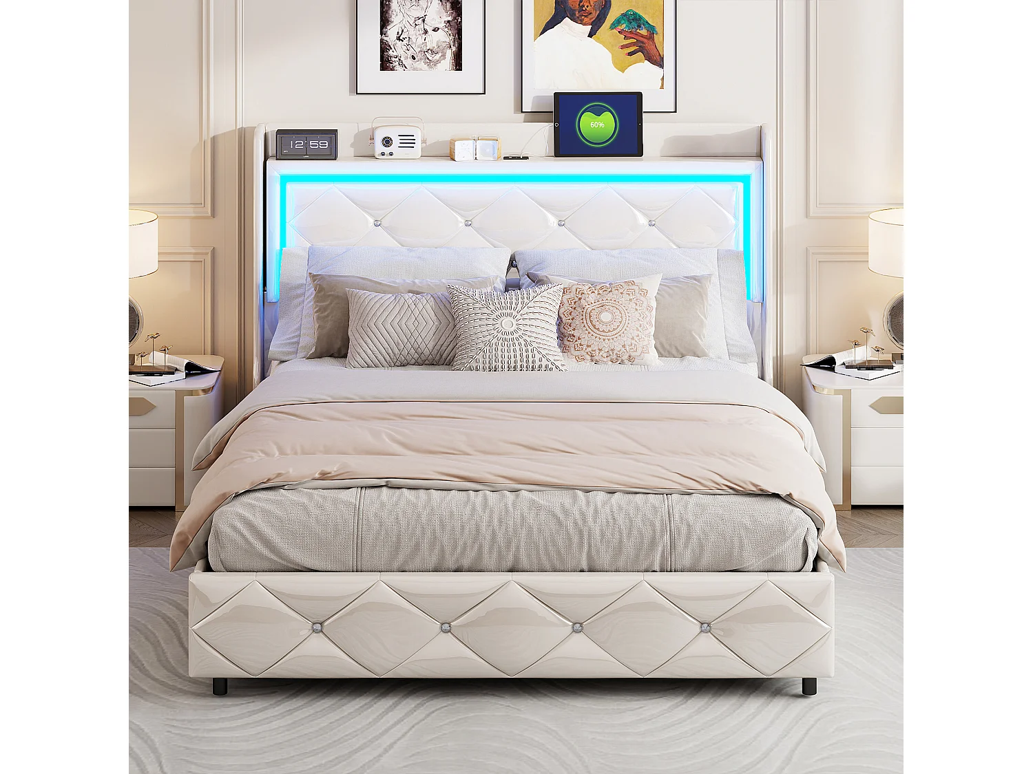 Biała łóżko z pojemnikiem hydraulicznym 140x200cm z portem USB i oświetleniem LED 4914168 - obrazek 1