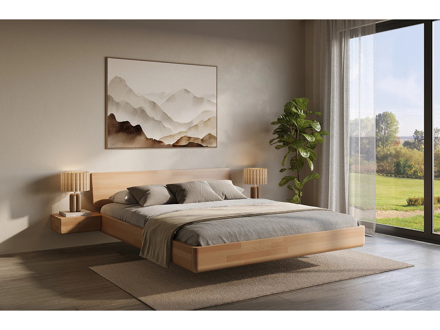 Łóżko lewitujące drewniane bukowe Visby LENA z szafkami / 200x200 cm, kolor naturalny 4914946 - obrazek 1