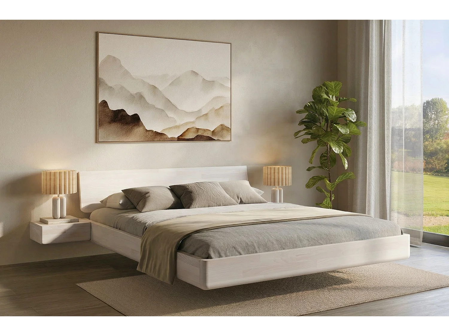 Łóżko lewitujące drewniane bukowe Visby LENA z szafkami / 200x200 cm, kolor biały 4914955 - obrazek 1