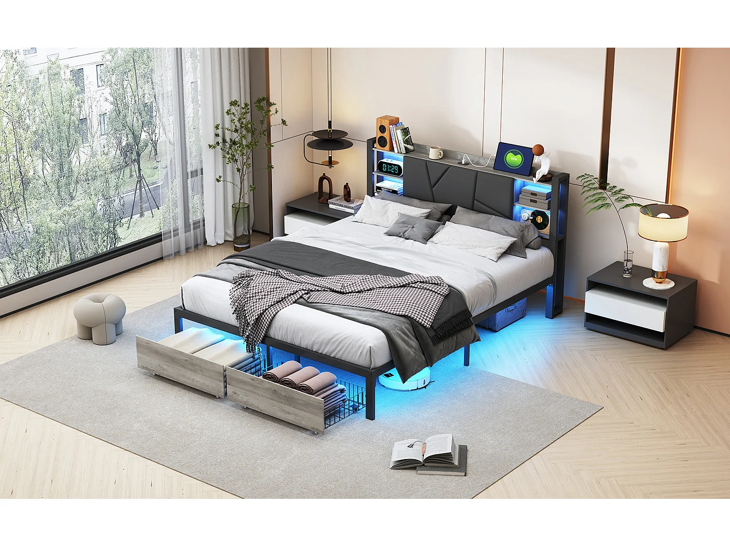 Nowoczesne łóżko dla dorosłych z drewna i metalu – 160×200 cm – Oświetlenie LED, Porty USB i Szafki na Przechowywanie – Skóra Ekologiczna – Czarny 4226072