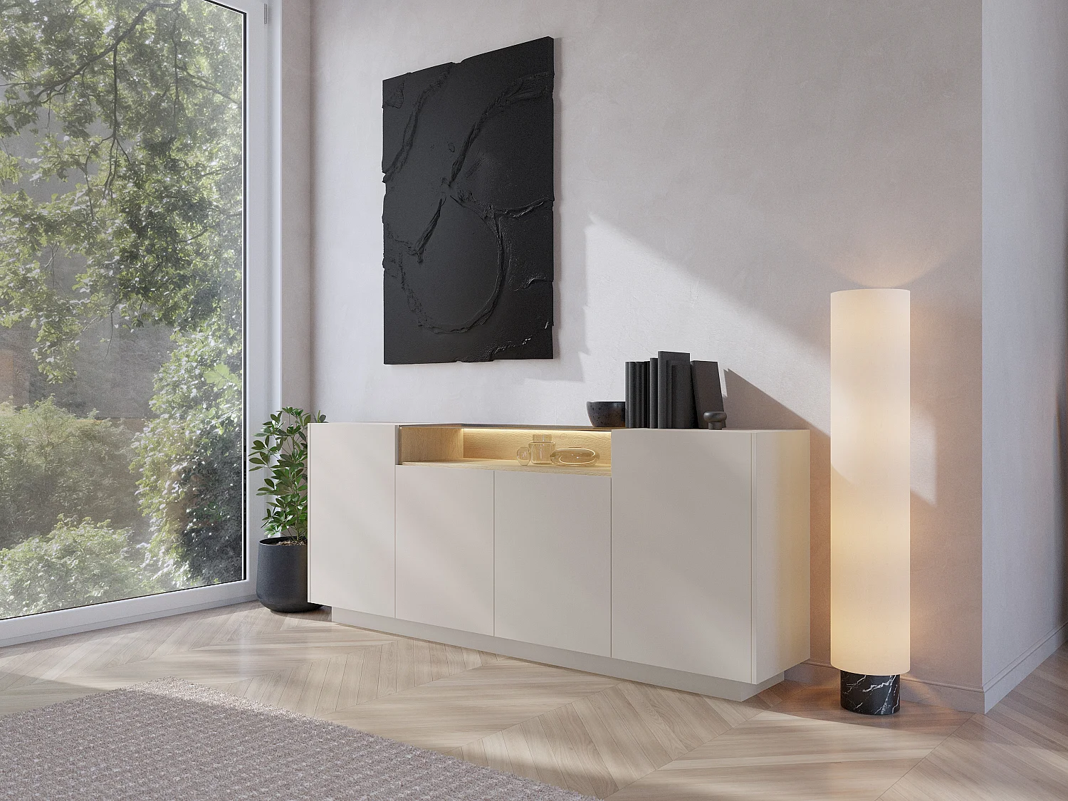Kredens 4-drzwiowy z 1 wnęką i oświetleniem LED - Beżowy i jasny naturalny - ALIVENTO 4861306 - obrazek 1