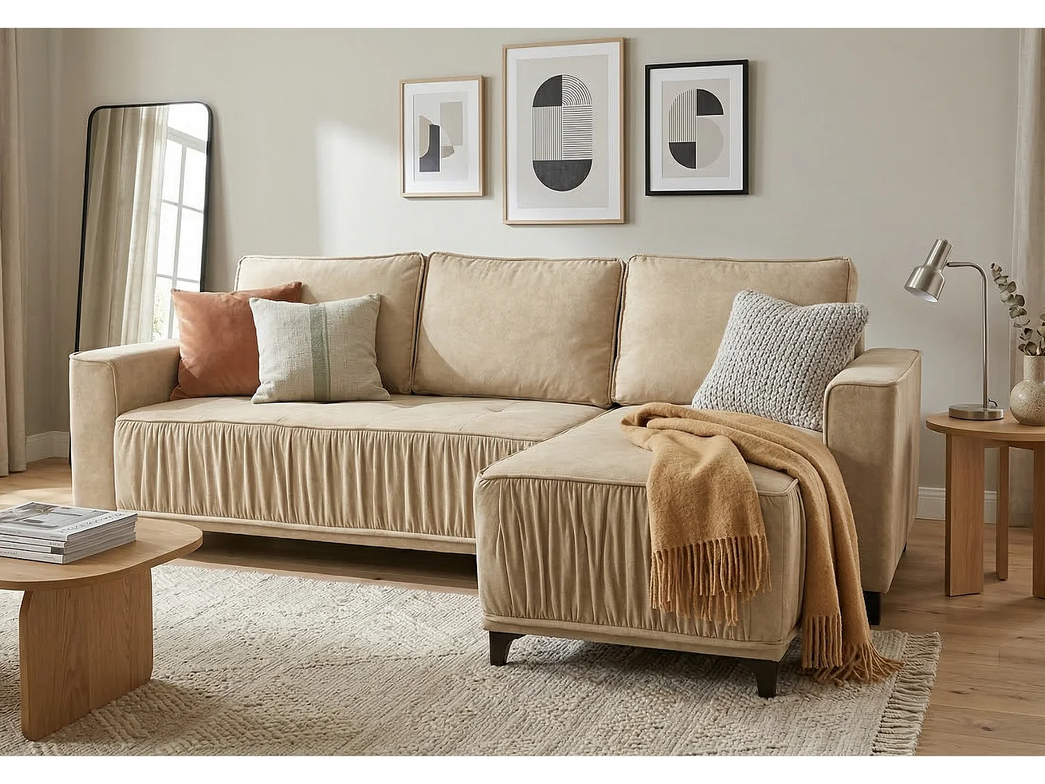 Elegancki narożnik prawostronny rozkładany VIKI 238x143cm, w tkaninie MONOLITH 4 kremowej 4916175 - obrazek 1
