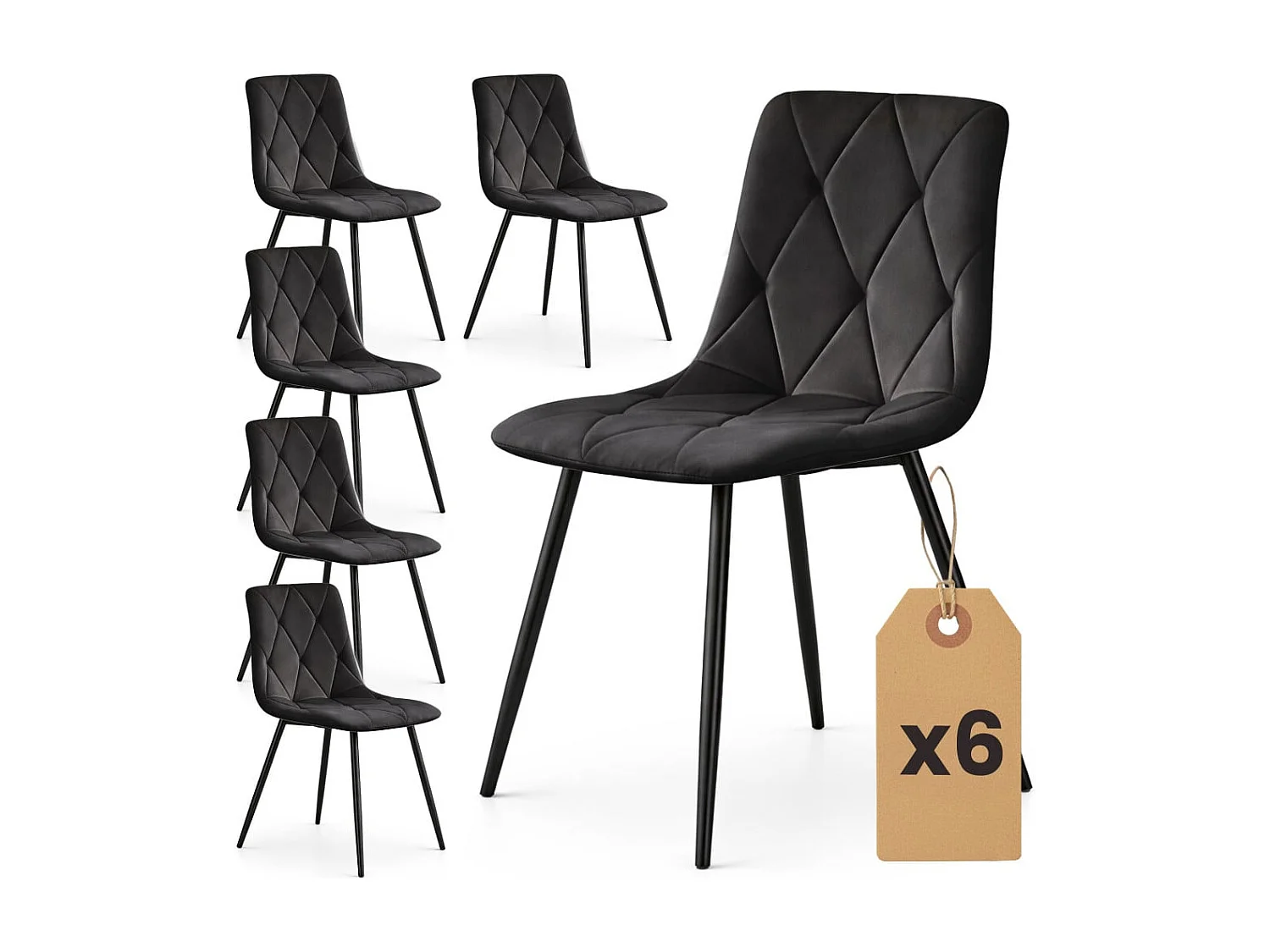 6x Welurowe krzesło tapicerowane pikowane Czarne MILO Czarne nogi 4876099 - obrazek 1