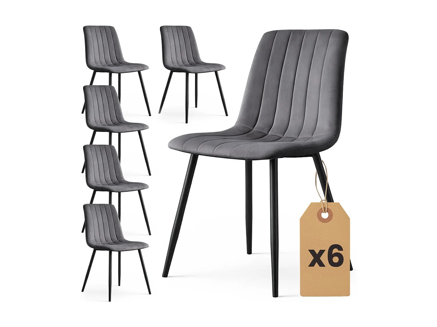 6x Welurowe krzesło tapicerowane pikowane Ciemny Grafit LIVO Czarne nogi 4876097 - obrazek 1