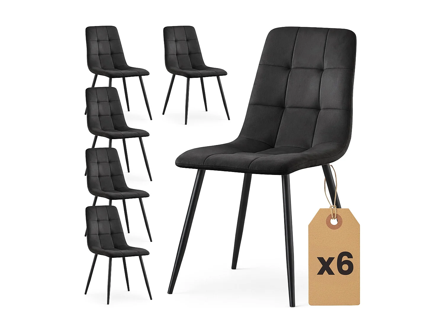 6x Welurowe krzesło tapicerowane pikowane Czarne NERO Czarne nogi 4876109 - obrazek 1
