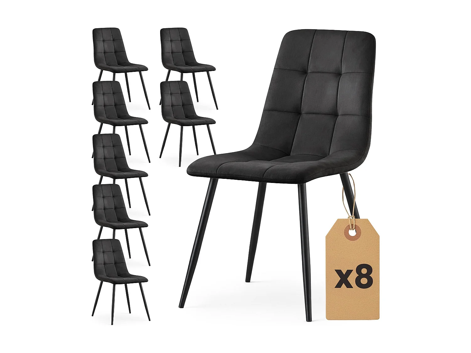 8x Welurowe krzesło tapicerowane pikowane Czarne NERO Czarne nogi 4876144 - obrazek 1