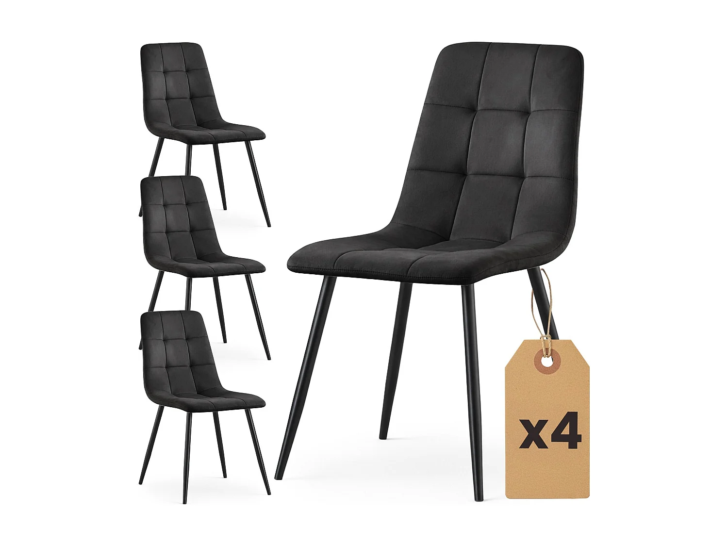 4x Welurowe krzesło tapicerowane pikowane Czarne NERO Czarne nogi 4876151 - obrazek 1