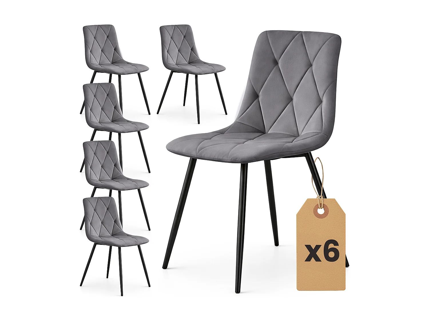 6x Welurowe krzesło tapicerowane pikowane Ciemny Grafit MILO Czarne nogi 4876133 - obrazek 1