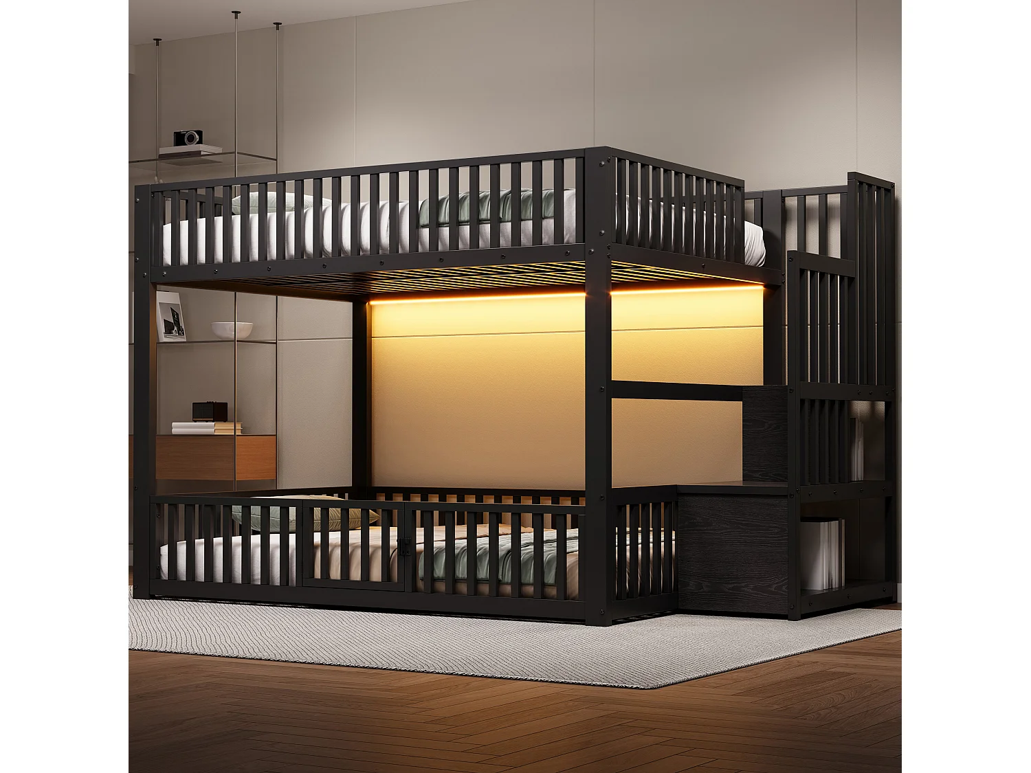 Łóżko piętrowe dla dzieci - 2 x 140 x 200 cm - z drabinką + diody LED - MDF + metal - czarne 4918056 - obrazek 1