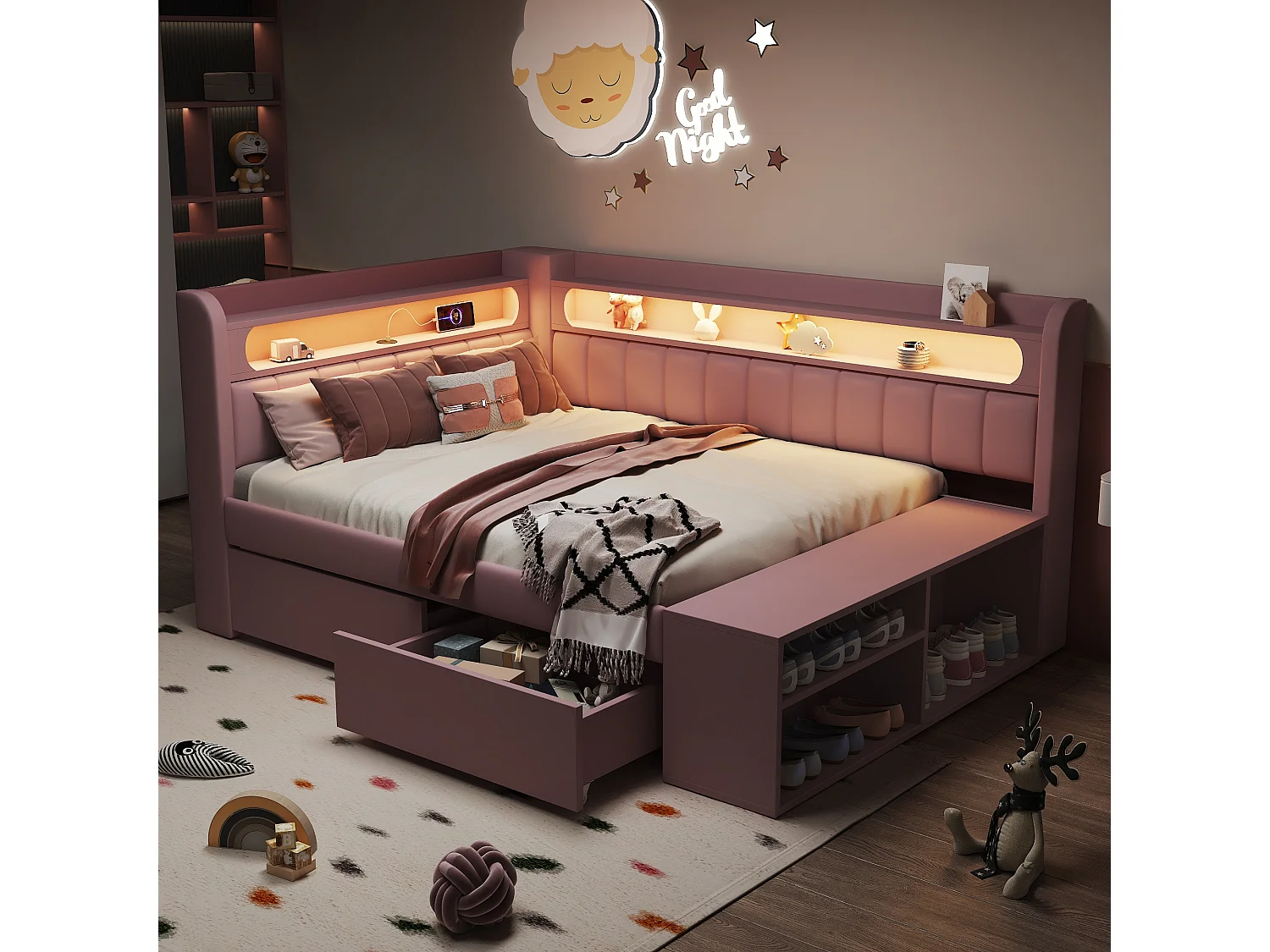 Łóżko dziecięce z pojemnikiem na pościel - 90 x 200 cm - z portem USB, diodami LED, półką, półką na buty i 2 szufladami - płyta MDF - różowe 4918082 - obrazek 1