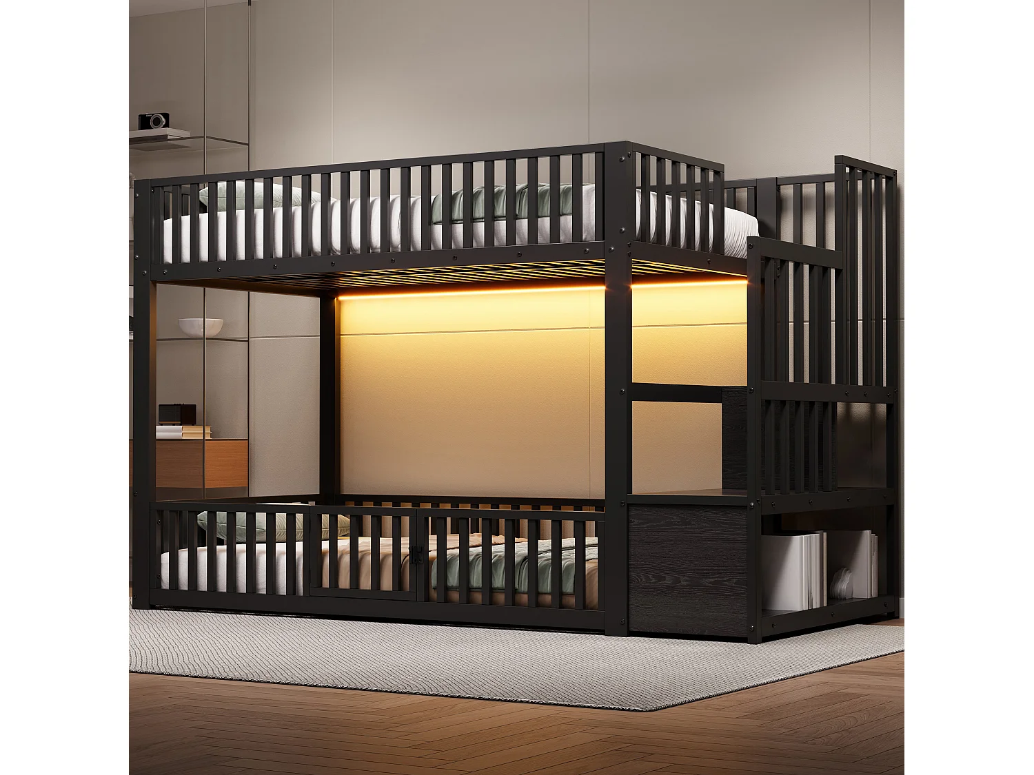 Łóżko piętrowe dla dzieci - 2 x 90 x 200 cm - z drabinką + diody LED - MDF + metal - czarne 4918089 - obrazek 1