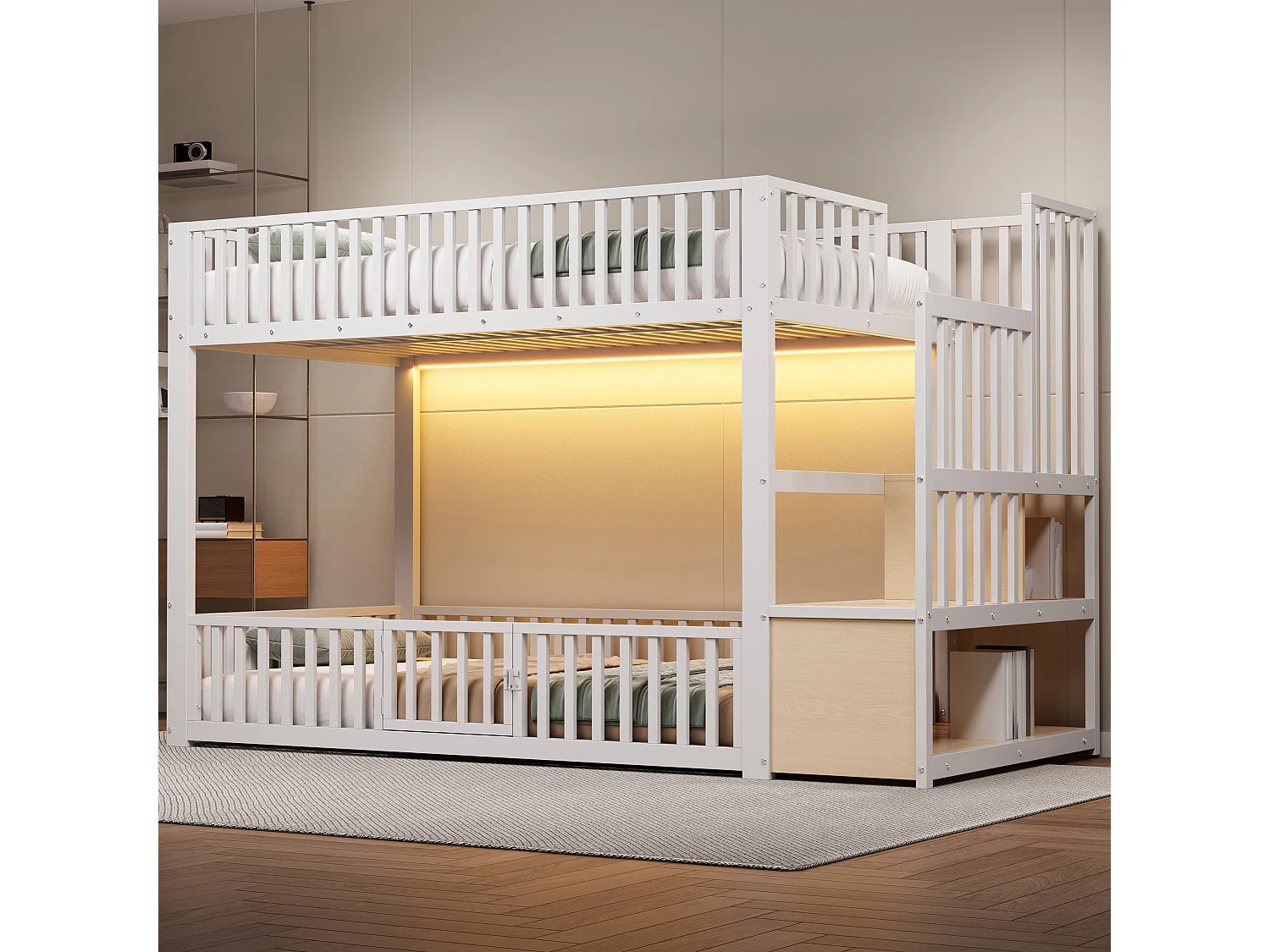 Łóżko piętrowe dla dzieci - 2 x 90 x 200 cm - z drabinką + diody LED - płyta MDF + metal - białe 4918102 - obrazek 1