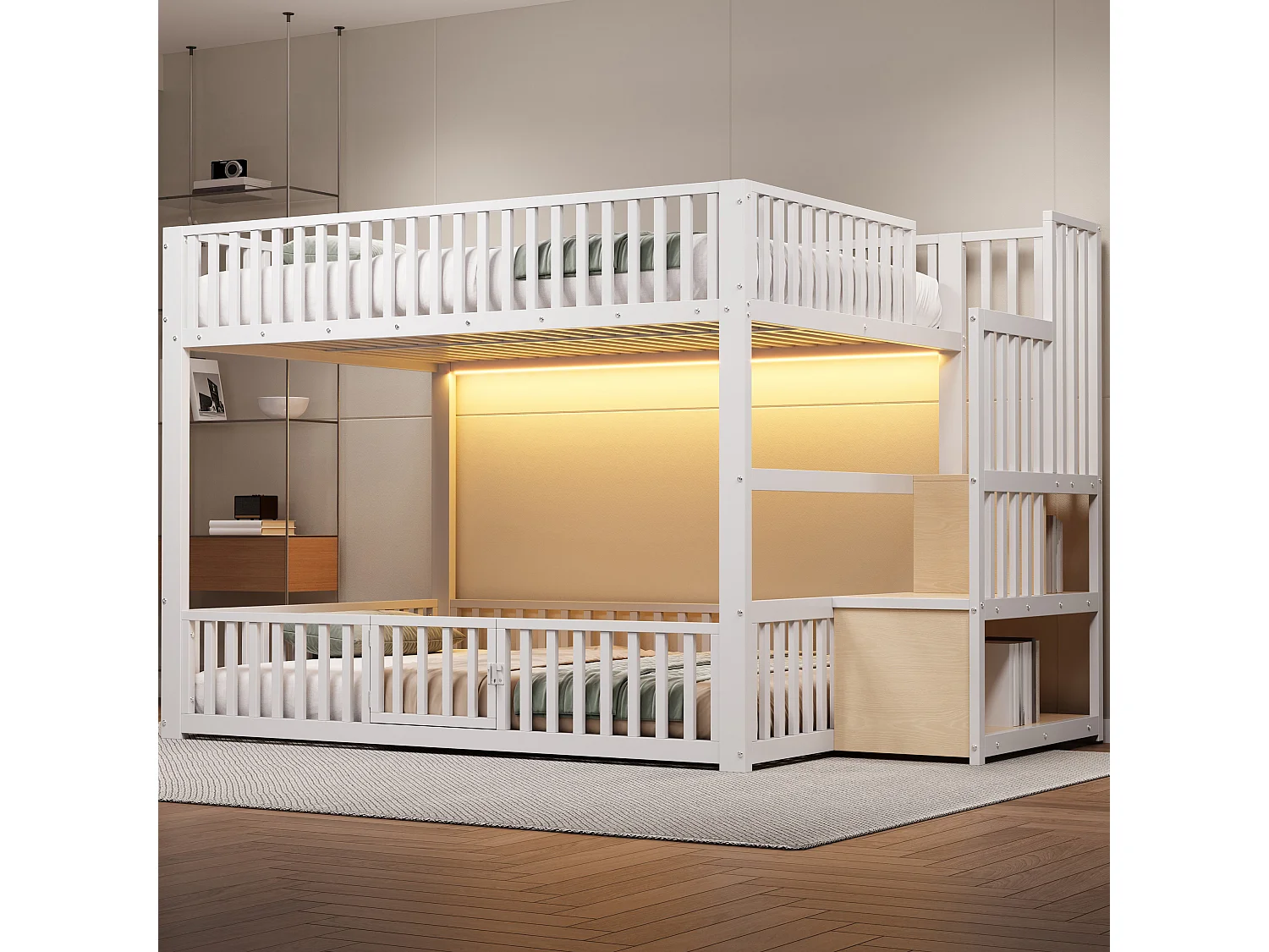 Łóżko piętrowe dla dzieci - 2 x 140 x 200 cm - z drabinką + diody LED - MDF + metal - białe 4918103 - obrazek 1