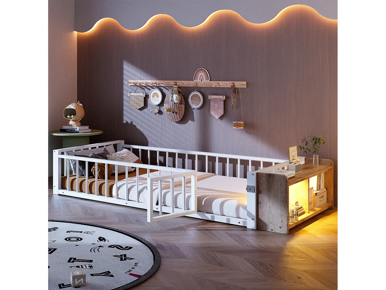 Łóżko metalowe płaskie dla dzieci – 90 x 200 cm – z barierką zabezpieczającą + schowkiem + diodami LED – MDF + metal – białe 4918130