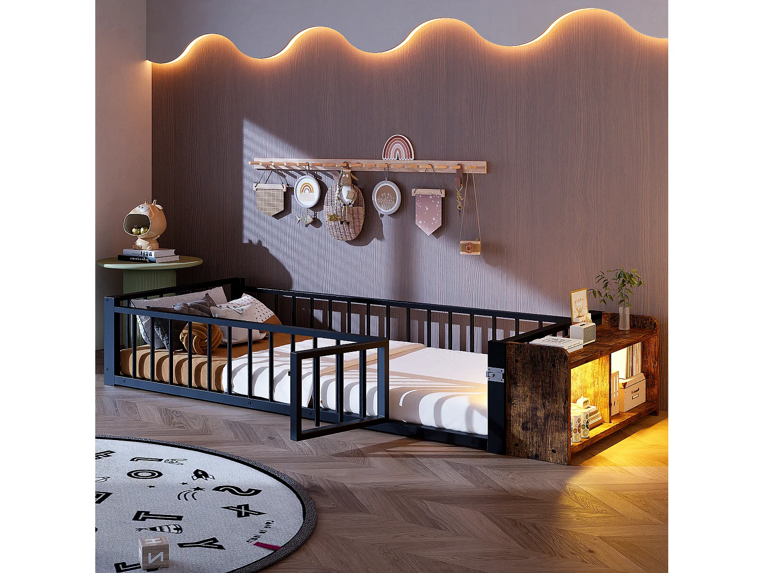 Łóżko metalowe płaskie dla dzieci – 90 x 200 cm – z barierką zabezpieczającą + schowkiem + diodami LED – MDF + metal – czarne 4918145