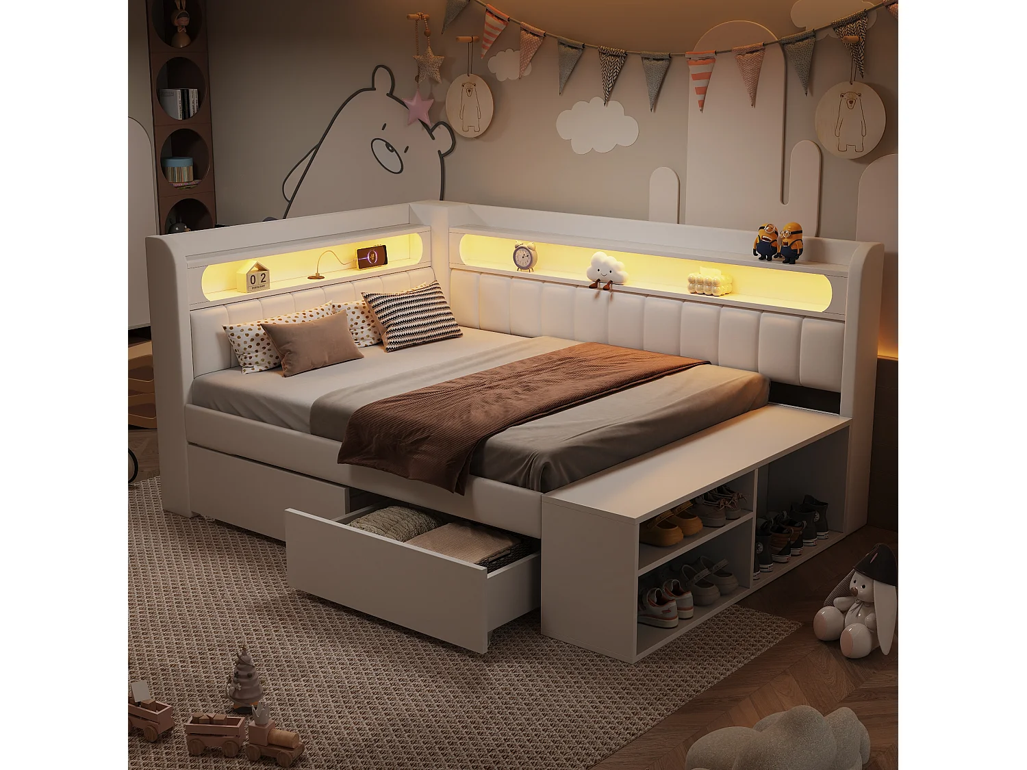 Łóżko dziecięce z pojemnikiem na pościel - 90 x 200 cm - z portem USB, diodami LED, półką, półką na buty i 2 szufladami - płyta MDF - białe 4918151 - obrazek 1