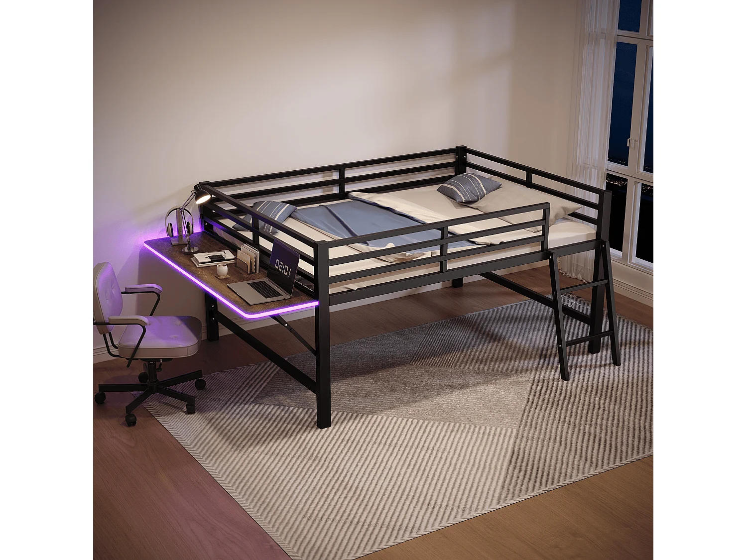 Łóżko metalowe średniej wysokości - 140 x 200 cm - z barierką zabezpieczającą + drabinką + biurkiem + diodami LED - czarne 4918203 - obrazek 1