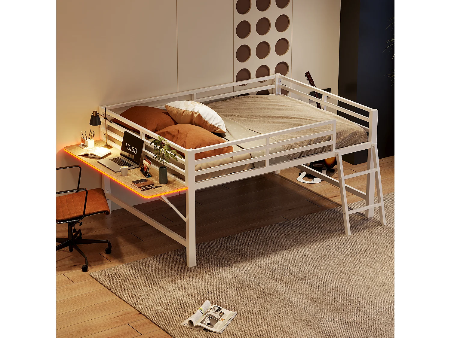 Łóżko metalowe średniej wysokości - 140 x 200 cm - z barierką zabezpieczającą + drabinką + biurkiem + diodami LED - białe 4918205 - obrazek 1