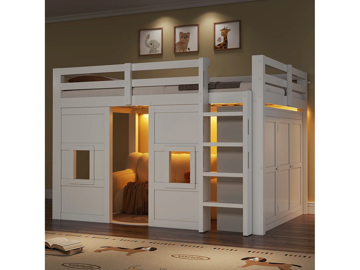 Łóżko piętrowe dla dzieci - 140 x 200 cm - z wbudowaną szafą + 2 okna + LED - MDF + drewno - białe 4918206 - obrazek 1