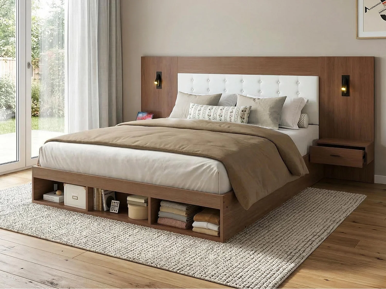 Łóżko małżeńskie 180x200cm - z 2 stolikami nocnymi - portami USB i Type-C - z lampką do czytania - Brązowy​ (materac nie jest wliczony w cenę) 4918572 - obrazek 1