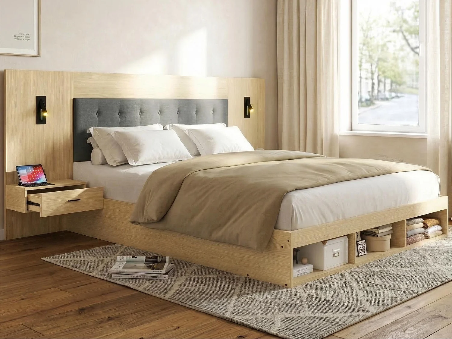 Łóżko małżeńskie 180x200cm - z 2 stolikami nocnymi - portami USB i Type-C - z lampką do czytania - Jasny dąb​ (materac nie jest wliczony w cenę) 4918578 - obrazek 1
