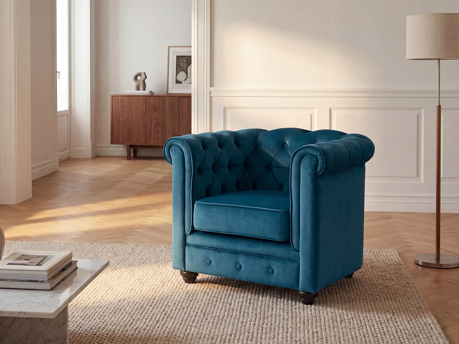 Fotel CHESTERFIELD - Welur w odcieniu morskim 90515 - obrazek 1