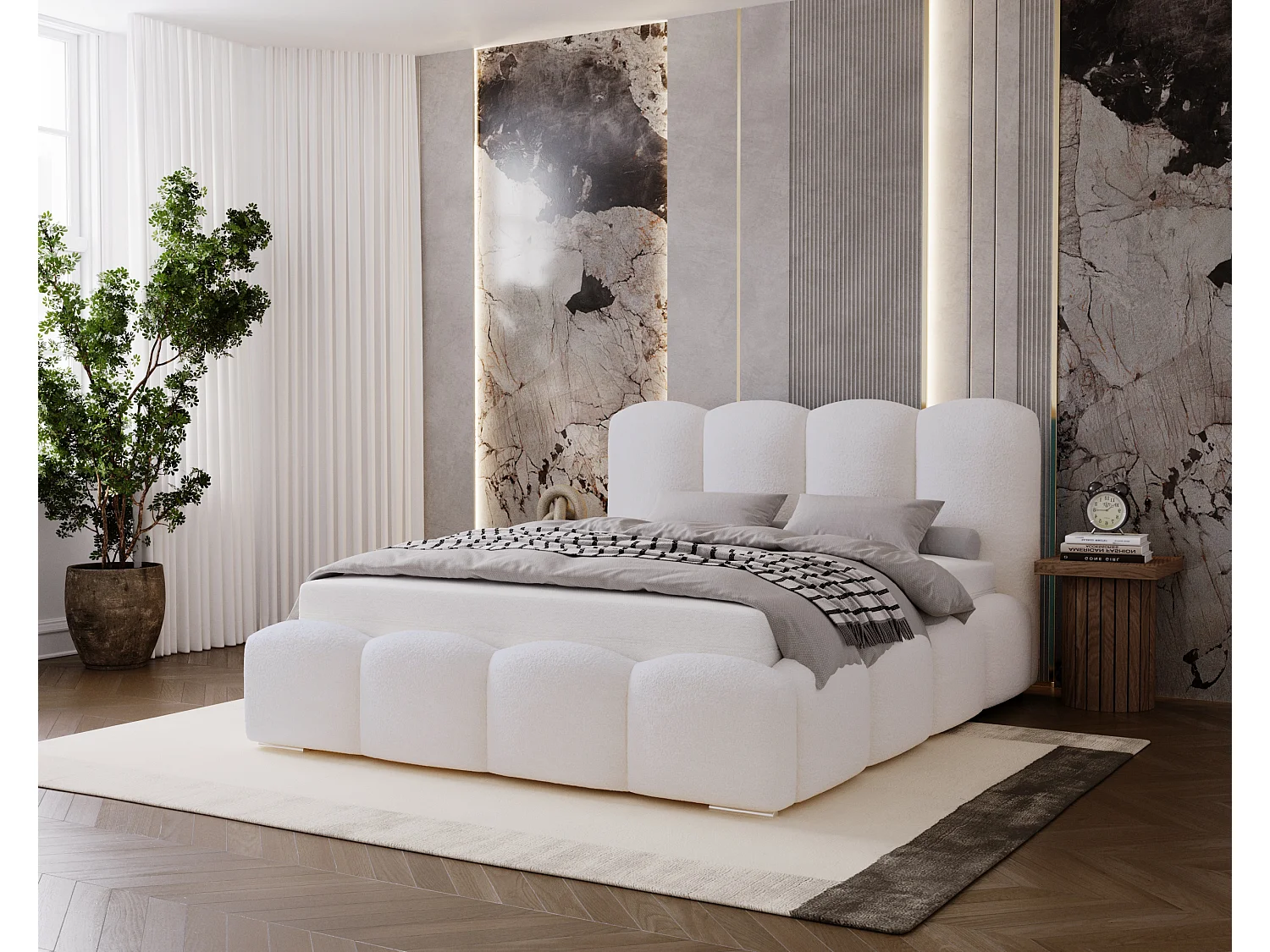 BESILIO Łóżko tapicerowane 160x200 Fluffy – łóżko chmurka boucle, z pojemnikiem na pościel i stelażem, gruba pianka, nowoczesne łóżko do sypialni – Biały 4855968 - obrazek 1
