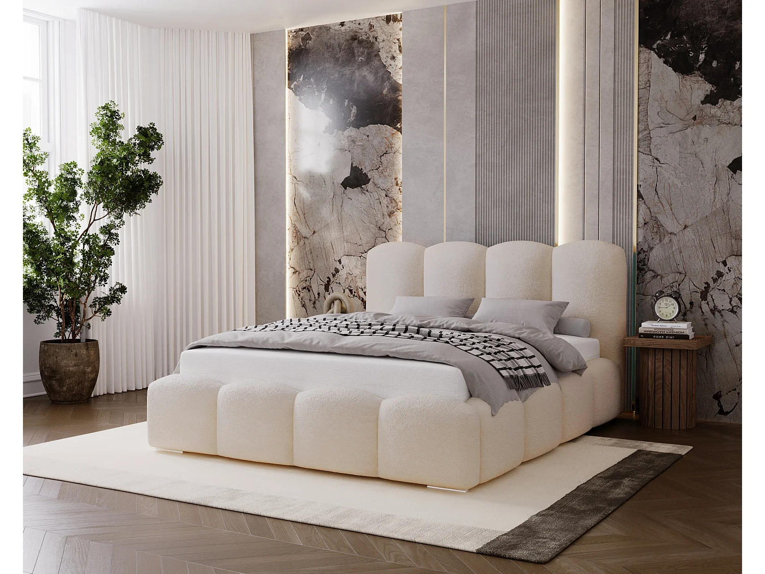 BESILIO Łóżko tapicerowane 180x200 Fluffy – łóżko chmurka boucle, z pojemnikiem na pościel i stelażem, gruba pianka, nowoczesne łóżko do sypialni – Beżowe 4855939 - obrazek 1