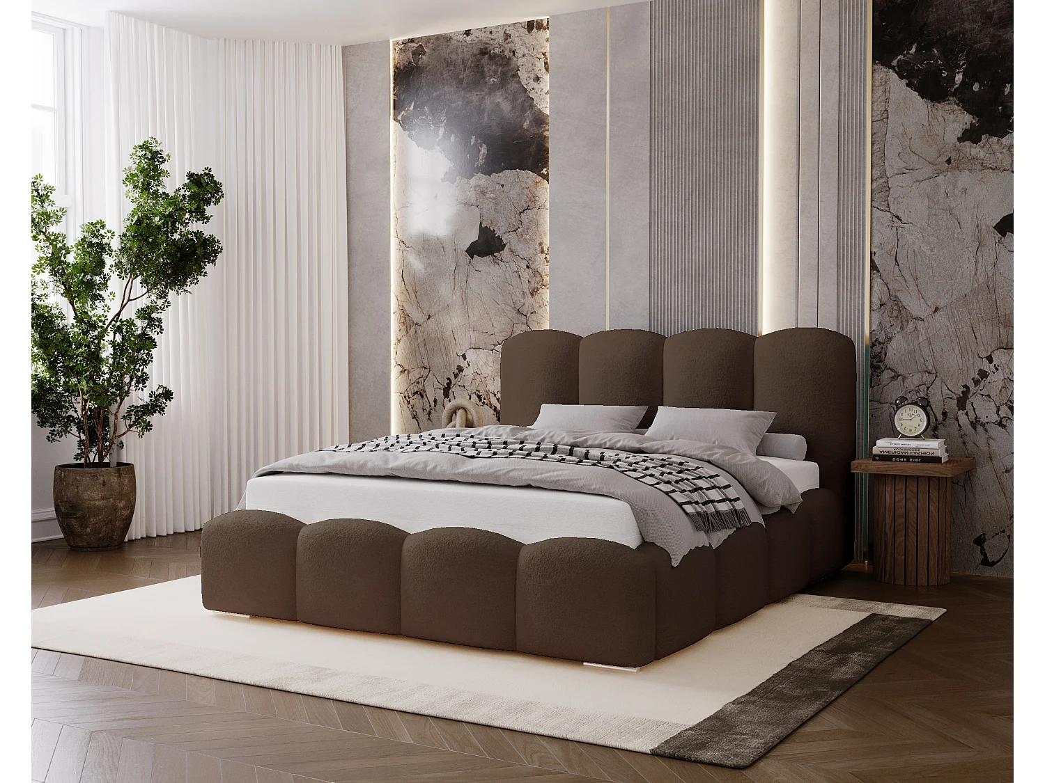 BESILIO Łóżko tapicerowane 140x200 Fluffy – łóżko chmurka boucle, z pojemnikiem na pościel i stelażem, gruba pianka, nowoczesne łóżko do sypialni – Brązowy 4855957 - obrazek 1