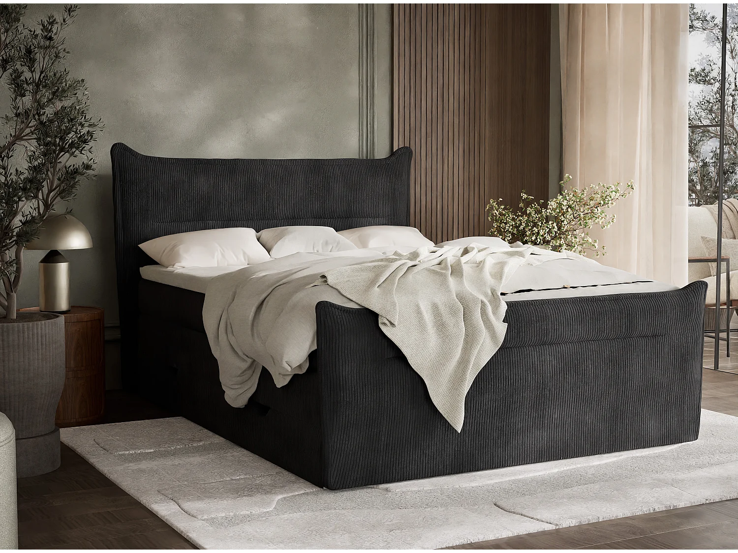 Łóżko boxspring z zagłówkiem + materac + topper - 160x200 cm - grafitowy - PELINO 4865673 - obrazek 1