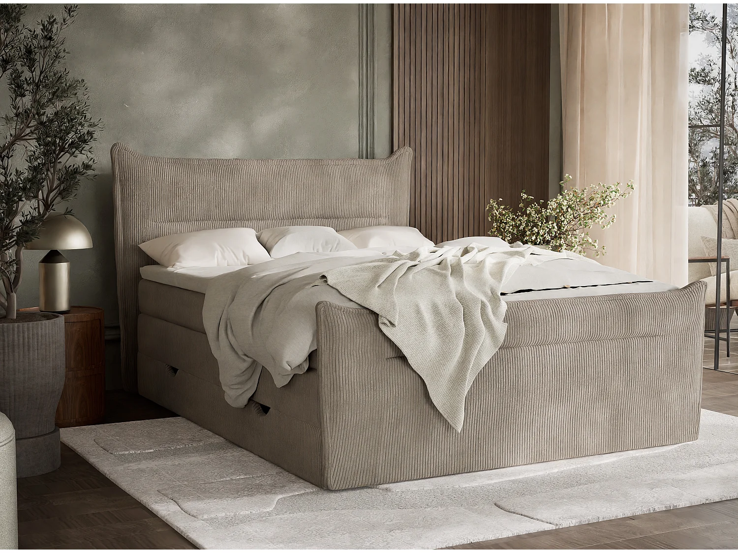Łóżko boxspring z zagłówkiem + materac + topper - 200x200 cm - beżowy - PELINO 4865701 - obrazek 1