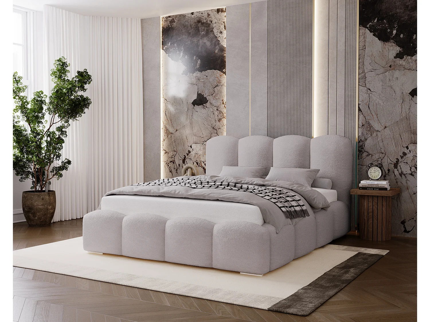 BESILIO Łóżko tapicerowane 180x200 Fluffy – łóżko chmurka boucle, z pojemnikiem na pościel i stelażem, gruba pianka, nowoczesne łóżko do sypialni – Jasnoszary 4863422 - obrazek 1