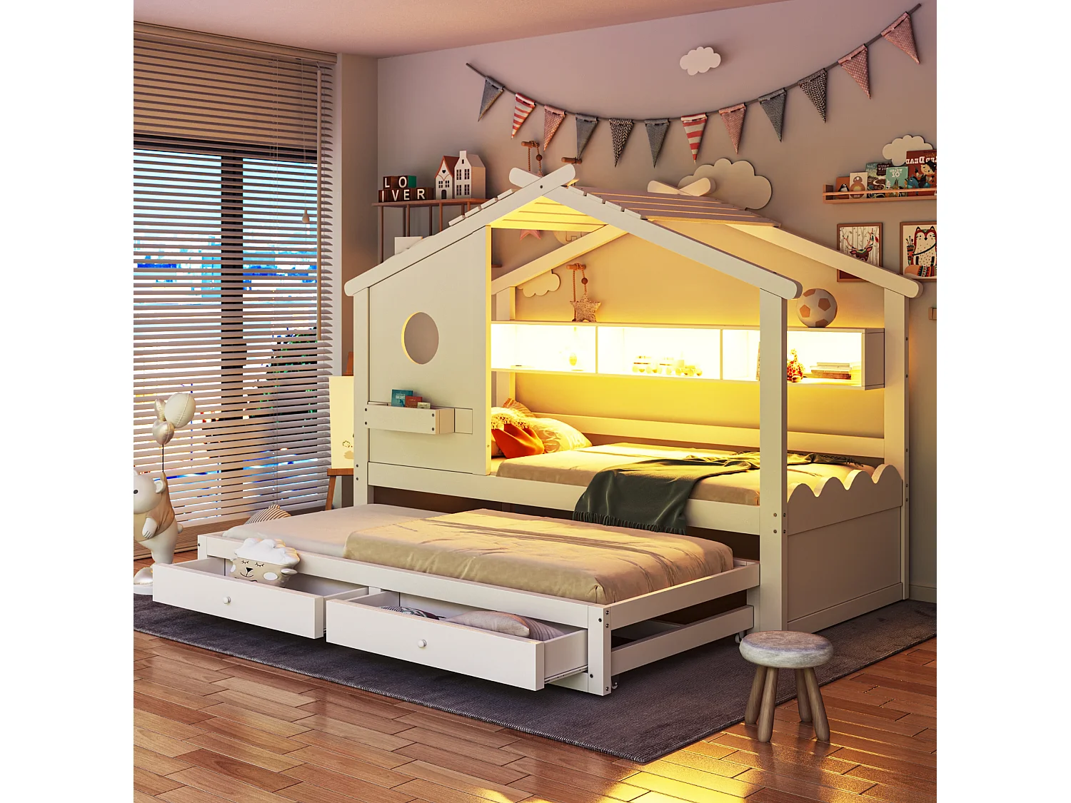 Łóżko dziecięce kabinowe - 90 x 200 cm - z łóżkiem wysuwanym 90 x 190 cm - z 2 szufladami + USB i Type-C + diody LED + półki - drewno - białe 4919984 - obrazek 1