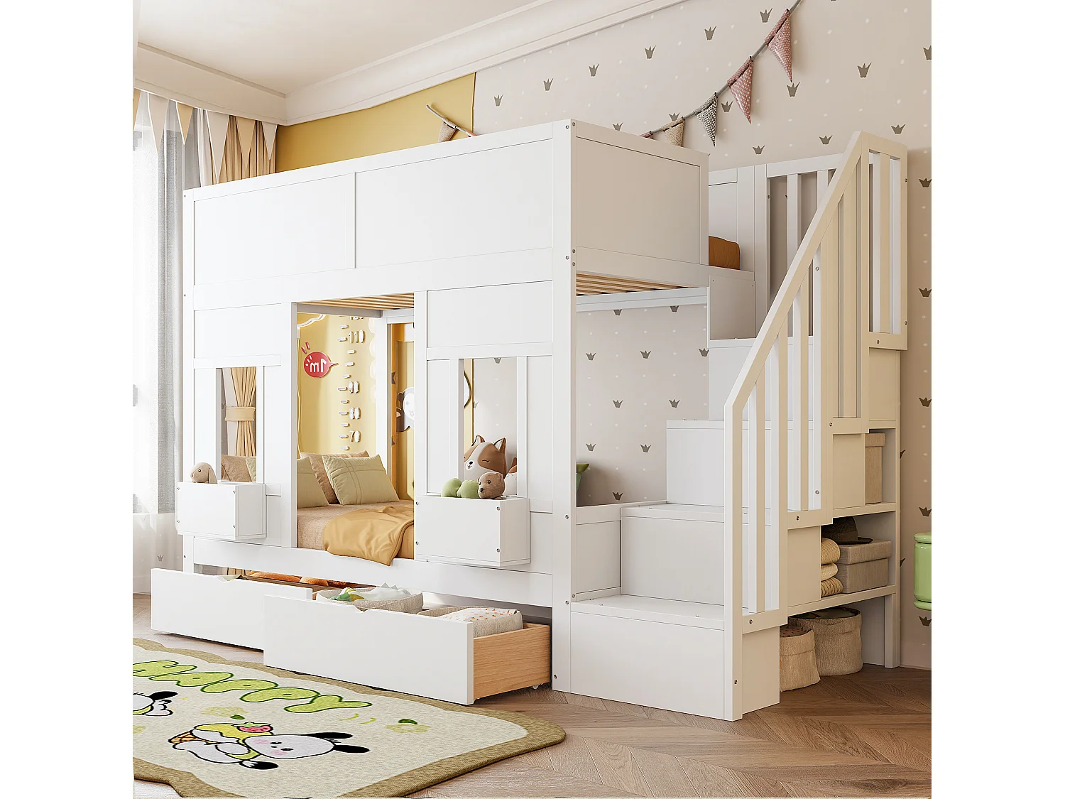Łóżko piętrowe dla dzieci - 2 x 90 x 200 cm - ze schodkami do przechowywania + szufladami + barierką zabezpieczającą - drewno - białe 4919990 - obrazek 1