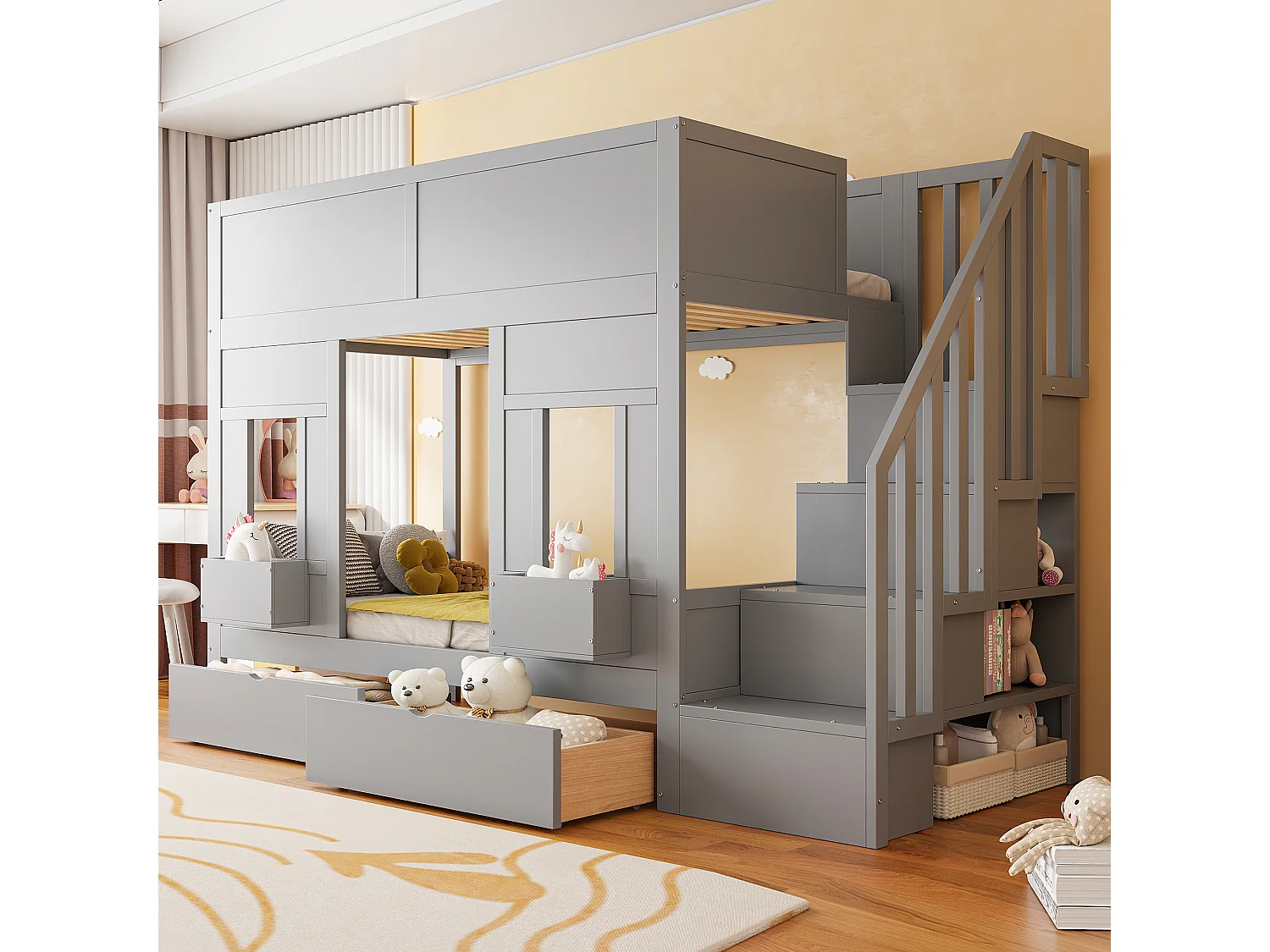 Łóżko piętrowe dla dzieci - 2 x 90 x 200 cm - z drabinką + szufladami + barierką zabezpieczającą - drewno - kolor szary 4919992 - obrazek 1