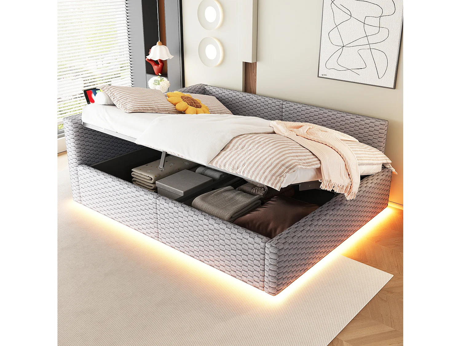 Łóżko dziecięce tapicerowane, hydrauliczne, z pojemnikiem - 140 x 200 cm - z diodami LED + 2 porty USB - zagłówek w kształcie litery L - aksamit - szary 4920003 - obrazek 1