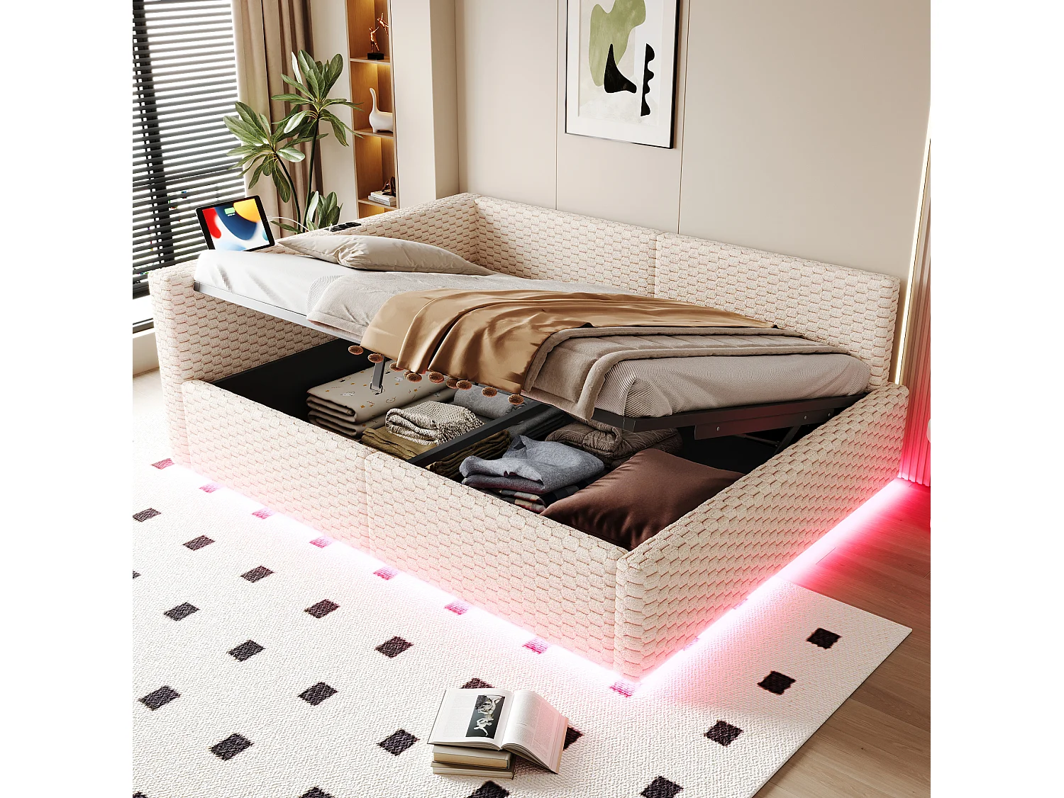 Łóżko dziecięce tapicerowane hydrauliczne ze schowkiem - 140 x 200 cm - z diodami LED + 2 porty USB - zagłówek w kształcie litery L - aksamit - beż 4920001 - obrazek 1