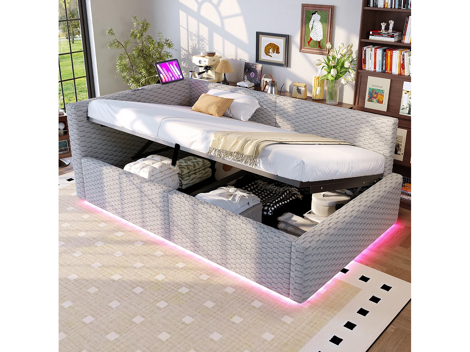 Łóżko dziecięce tapicerowane, hydrauliczne, z pojemnikiem - 90 x 200 cm - z diodami LED + 2 porty USB - zagłówek w kształcie litery L - aksamit - szary 4920004 - obrazek 1