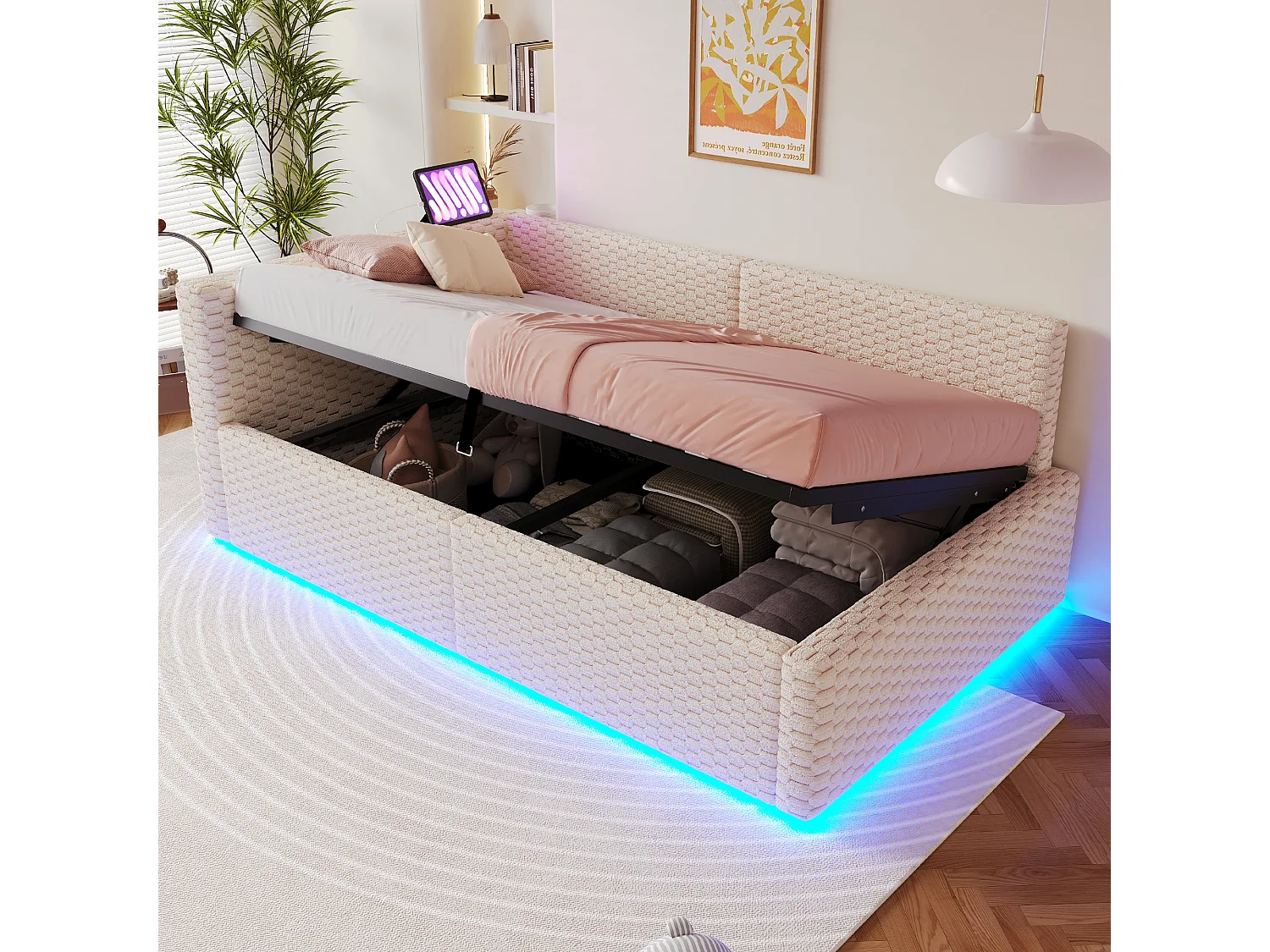 Łóżko dziecięce tapicerowane hydrauliczne ze schowkiem - 90 x 200 cm - z diodami LED + 2 porty USB - zagłówek w kształcie litery L - aksamit - beż 4920015 - obrazek 1