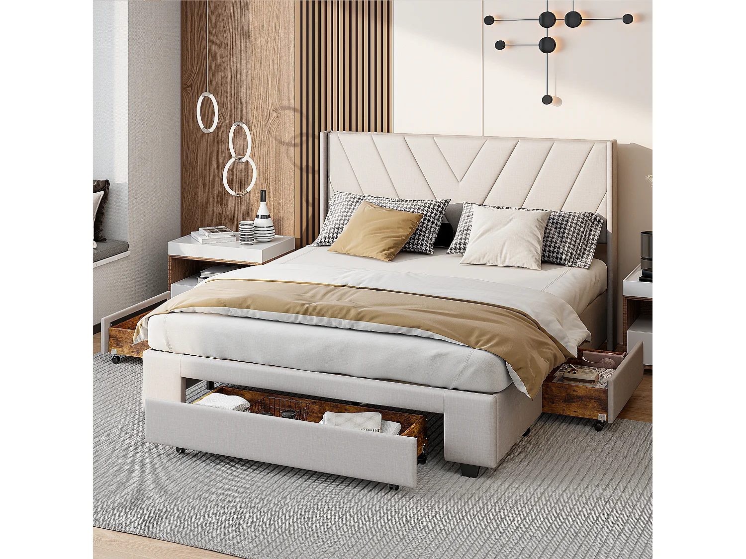 Łóżko dla dorosłych 140x200 cm z 3 szufladami z litego drewna, beżowa tkanina lniana, solidna metalowa rama, nowoczesny design i zoptymalizowane przechowywanie 4766253 - obrazek 1
