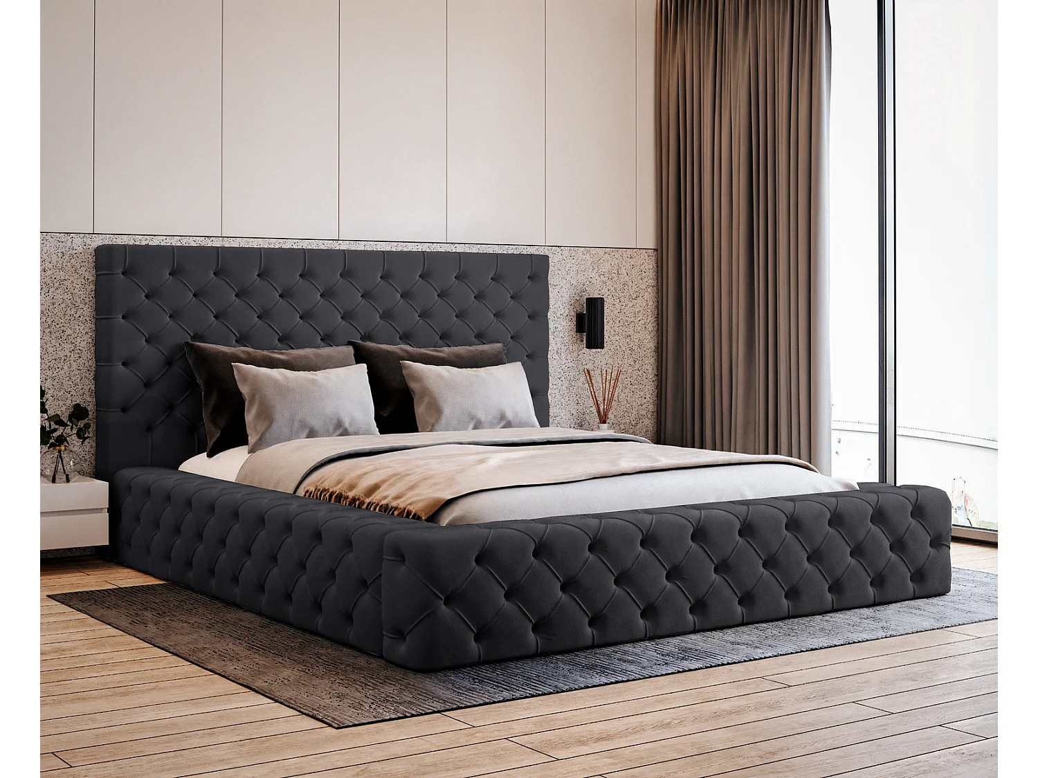 Łóżko tapicerowane 180x200 Amor - łóżko dwuosobowe z pojemnikiem i stelażem, grube wezgłowie, nowoczesne łóżko do sypialni - czarny 3700398 - obrazek 1