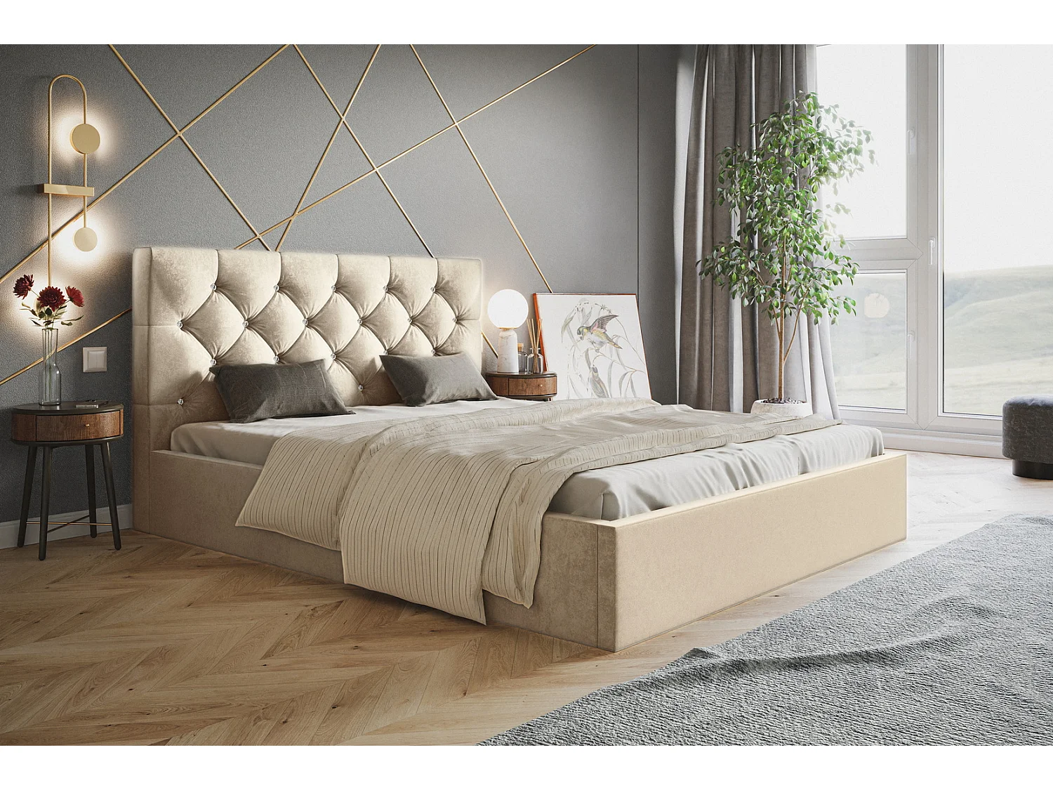Łóżko dwuosobowe 160x200 Molly z pojemnikiem - welur, stelaż drewniany - beżowy (Amor Velvet 4304) 3687388 - obrazek 1