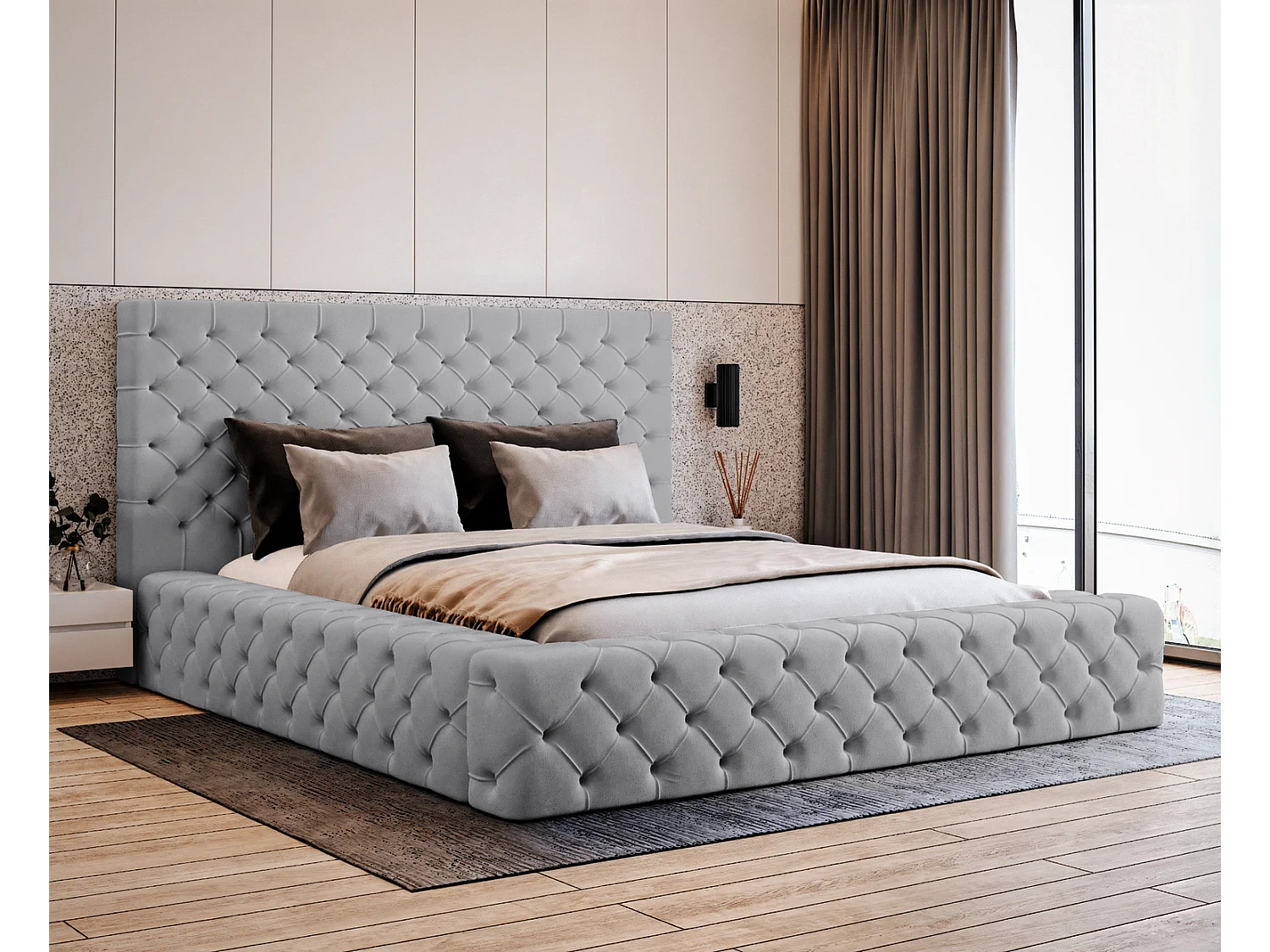 Łóżko tapicerowane 140x200 Amor - łóżko dwuosobowe z pojemnikiem i stelażem, grube wezgłowie, nowoczesne łóżko do sypialni - szary 3700403 - obrazek 1